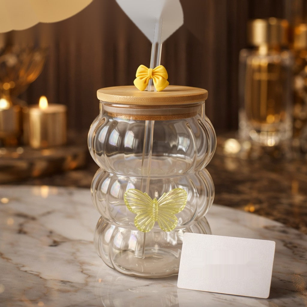Luxury Pumpkin Glass Tumbler with Bamboo Lid & Reusable Straw – Butterfly Design | Aesthetic Drinkware