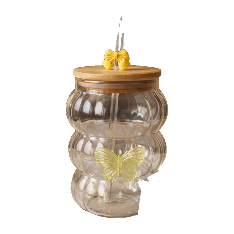 Luxury Pumpkin Glass Tumbler with Bamboo Lid & Reusable Straw – Butterfly Design | Aesthetic Drinkware