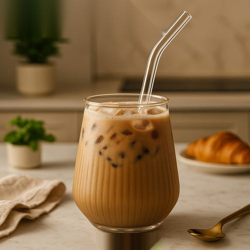 Luxury Ribbed Iced Coffee Glass with Lid & Straw – Premium 400ml Glassware Cup