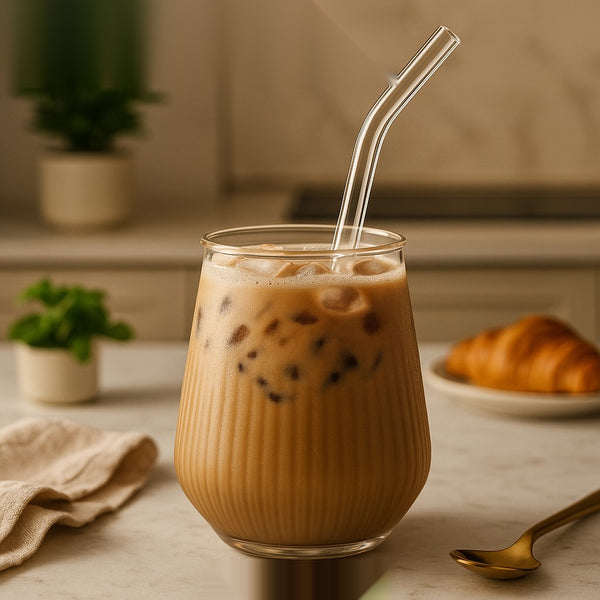 Luxury Ribbed Iced Coffee Glass with Lid & Straw – Premium 400ml Glassware Cup
