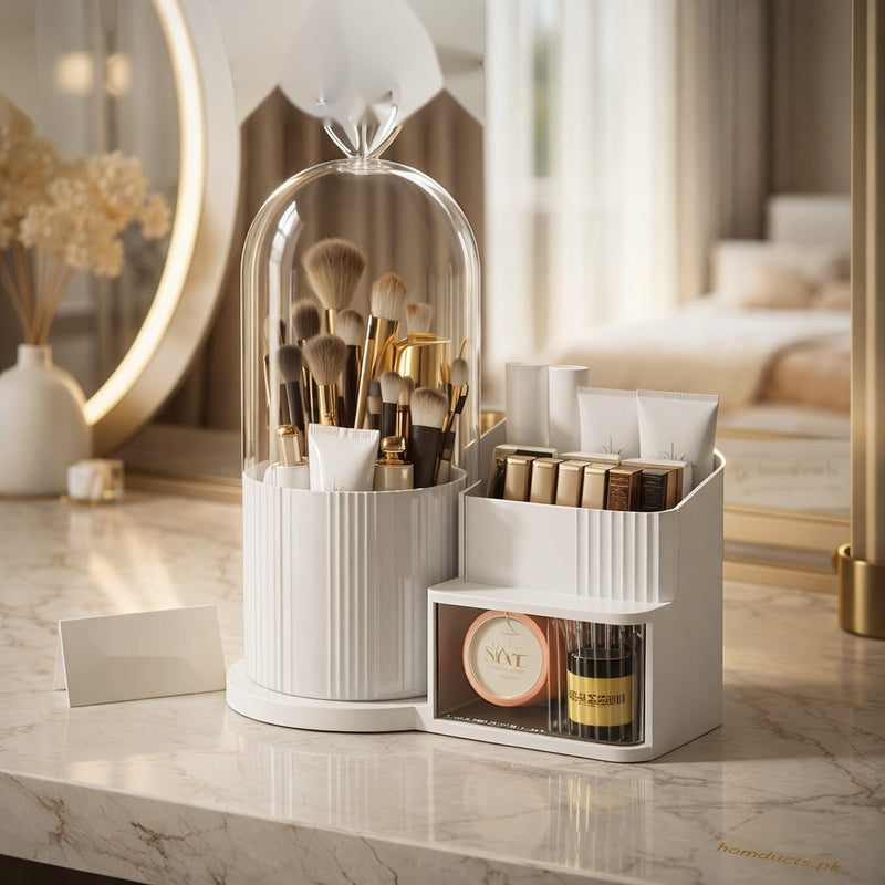 Luxury Rotating Makeup Organizer with Dustproof Cover – Multi-Compartment Cosmetic Storage Box