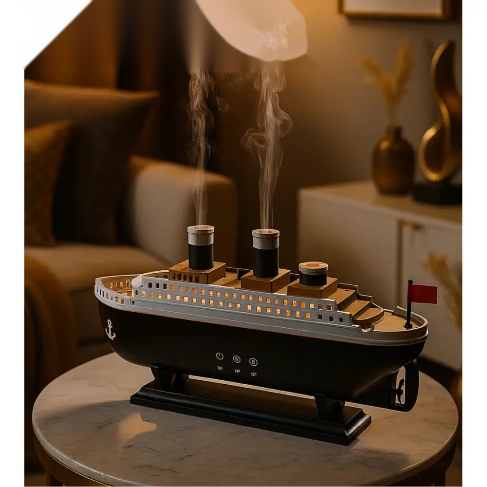 Luxury Ship-Shaped Humidifier with LED Lights & Dual Mist Outlets