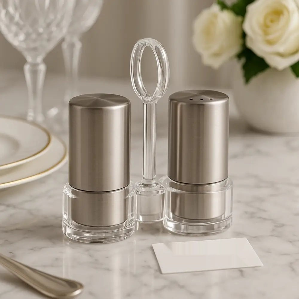 Luxury Stainless Steel Salt & Pepper Shaker Set with Acrylic Holder