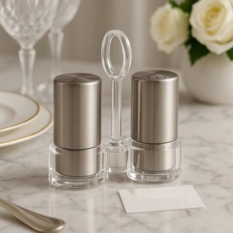 Luxury Stainless Steel Salt & Pepper Shaker Set with Acrylic Holder