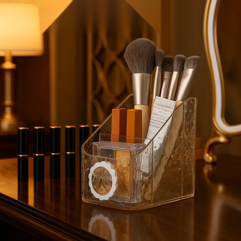 Luxury Textured Acrylic Makeup Organizer – 3-Compartment Brush & Lipstick Holder