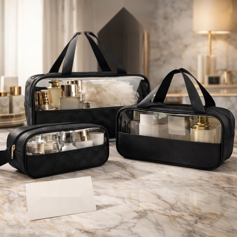 Luxury Transparent Travel Makeup & Toiletry Organizer Bag – Waterproof Portable Cosmetic Storage Case (3 Pcs Set