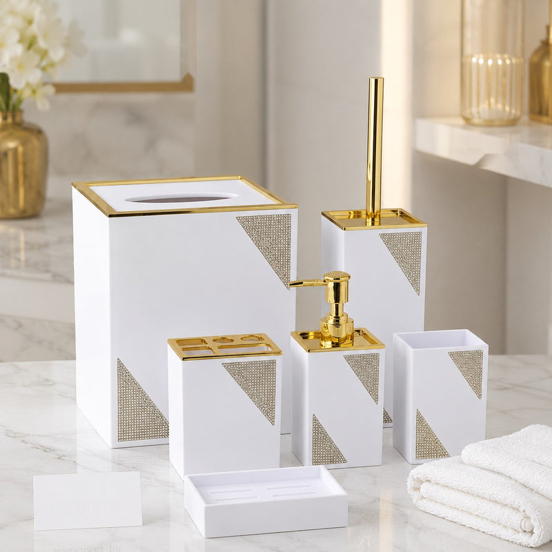 Luxury White & Gold 6-Piece Bathroom Accessories Set – Crystal Accent Soap Dispenser, Toothbrush Holder, Toilet Brush, Soap Dish & Tissue Box