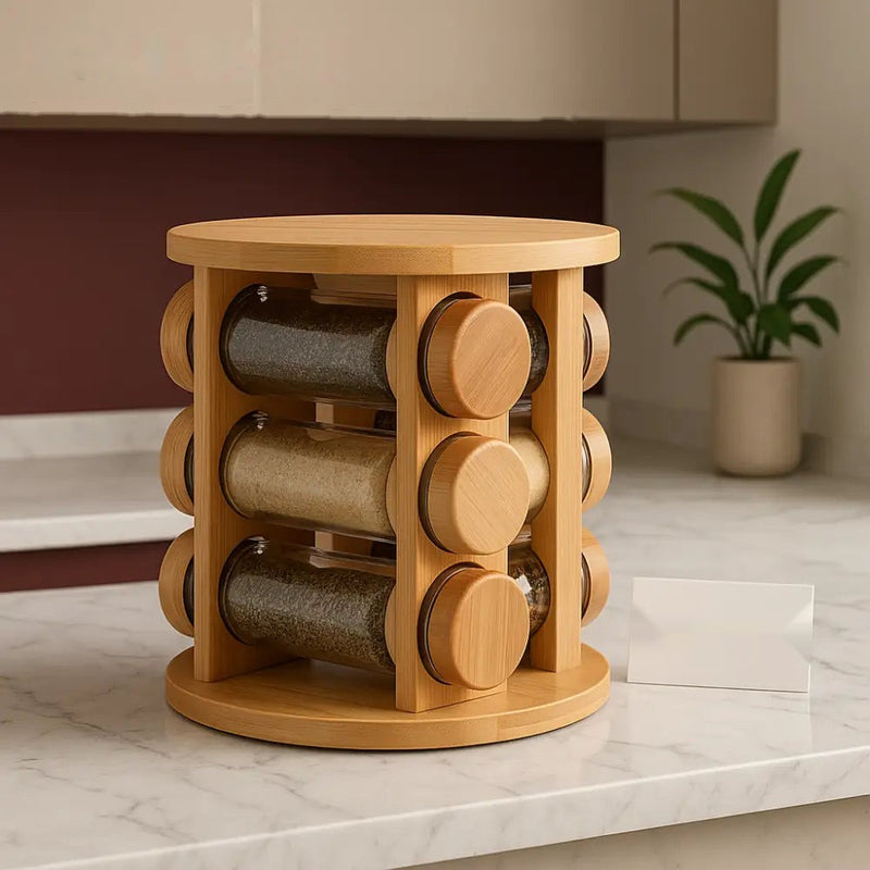 Luxury Wooden Rotating Spice Rack Organizer – 8 Glass Jars with Bamboo Lids