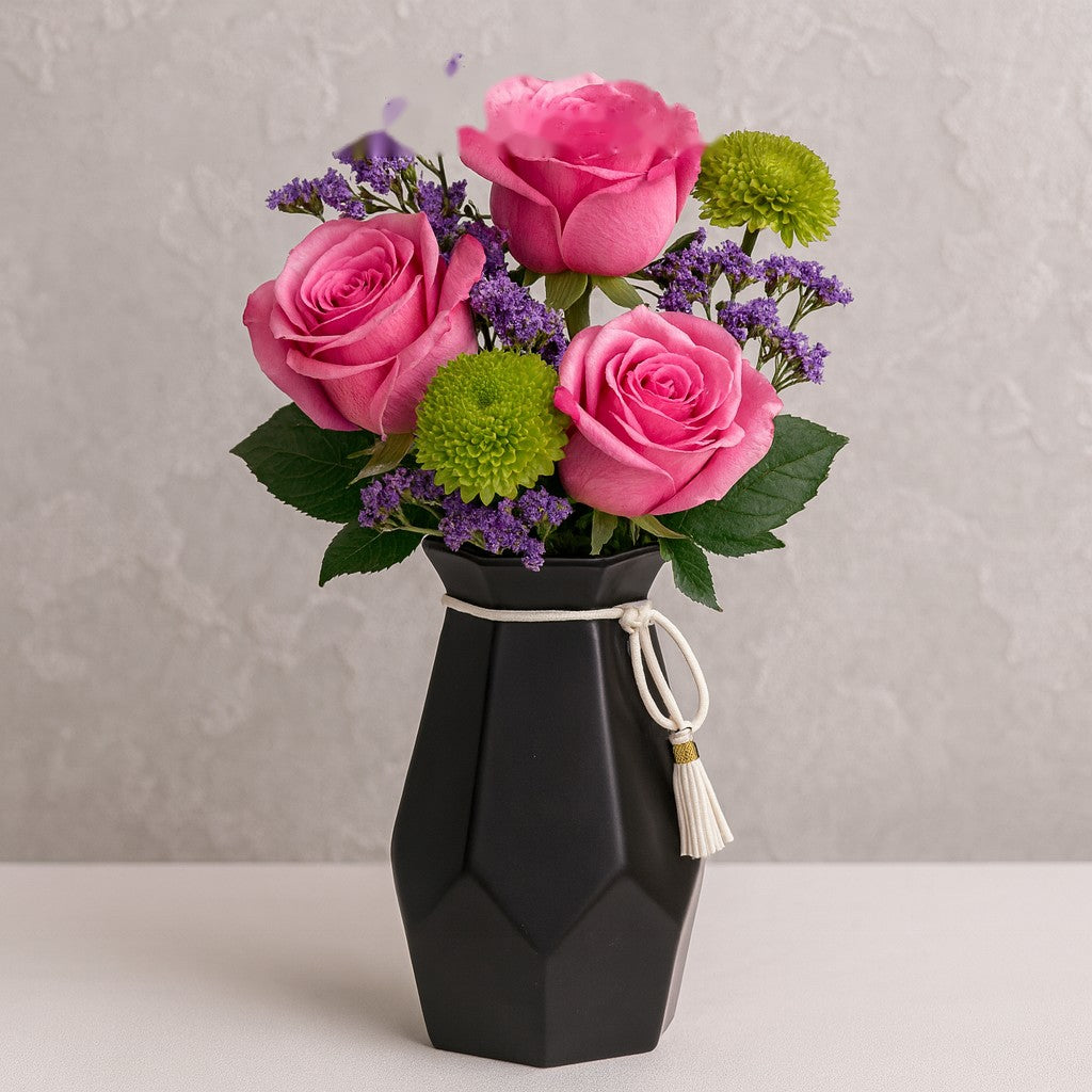 Matte Black Geometric Decorative Vase – Modern Minimalist Home Décor