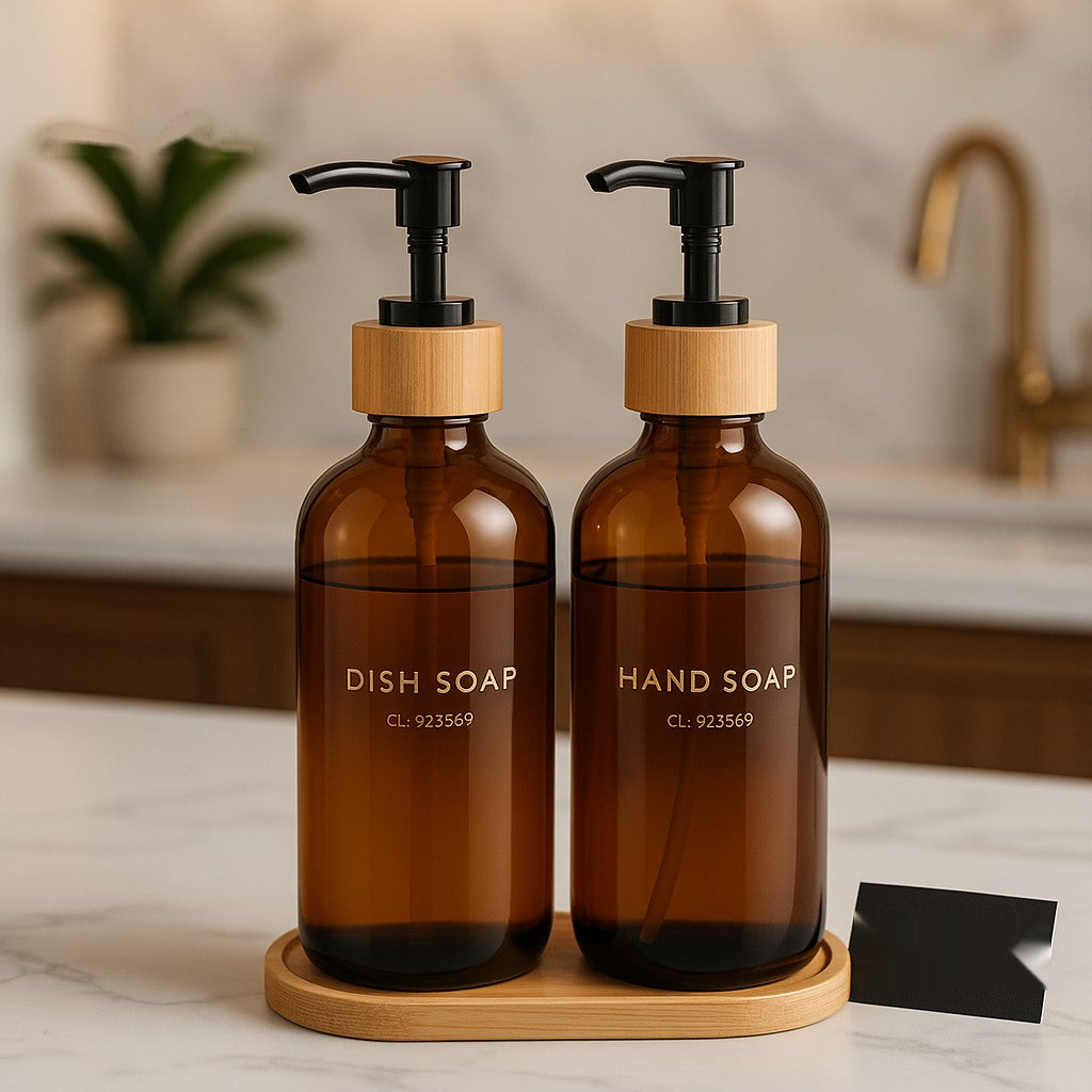 Modern Soap Dispenser Set for Hands and Dishes – Matte Black & White Bottles with Bamboo Pump, Kitchen & Bathroom Use