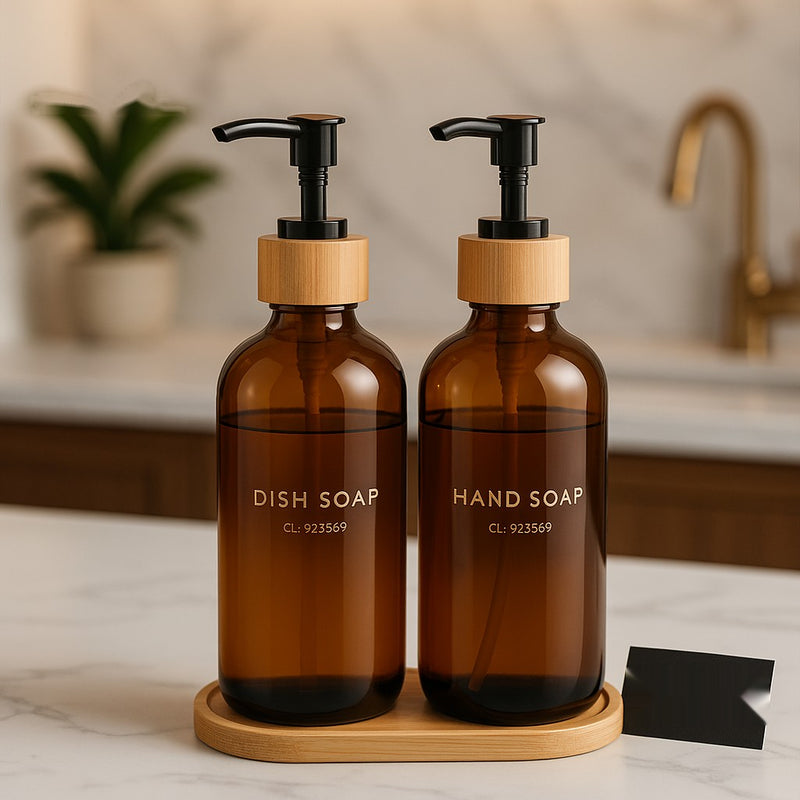 Modern Soap Dispenser Set for Hands and Dishes – Matte Black & White Bottles with Bamboo Pump, Kitchen & Bathroom Use