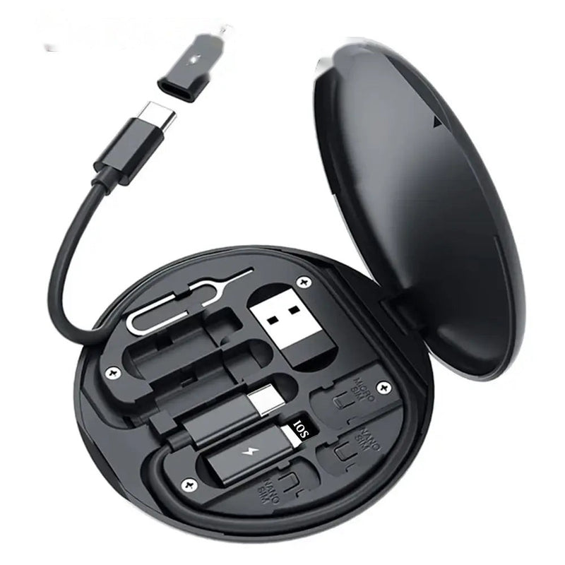 Multi-Function 6-in-1 Charging Cable Kit with USB, Type-C, Micro USB, SIM Ejector & Storage Case – Portable Travel Adapter Set