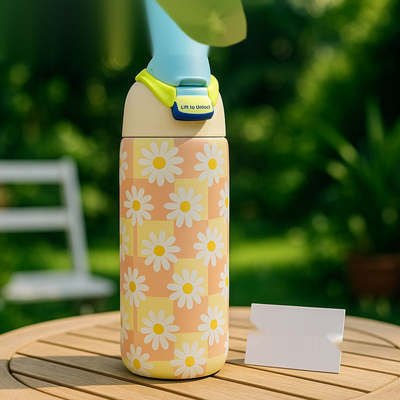 Owala-Style Floral Water Bottle 950ml – Daisy Print, Leakproof, Locking Lid, Double Wall Design