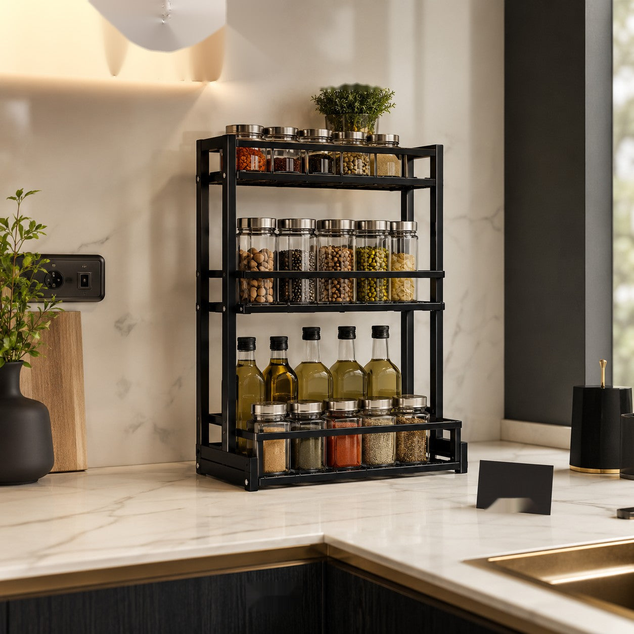 Premium 3-Tier Kitchen Storage & Spice Organizer Rack – Multi-Purpose Countertop Shelf for Kitchen Essentials & Bottles