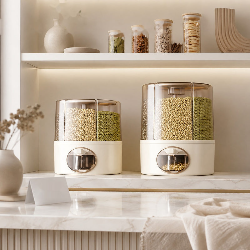 Premium 6-Compartment Rotating Dry Food Dispenser – Airtight Grain, Cereal & Rice Storage Container