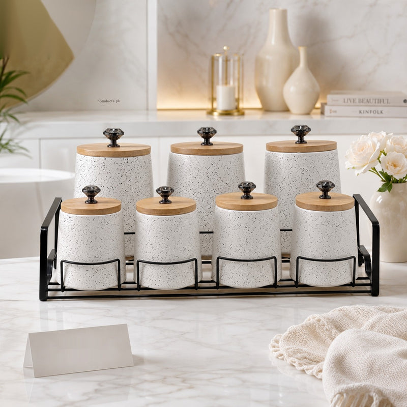 Premium 7-Piece Ceramic Kitchen Storage Jar Set with Metal Stand & Bamboo Lids | Spice, Tea, Coffee & Sugar Containers