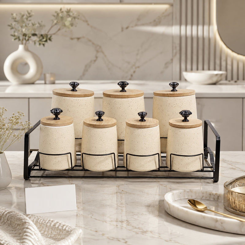 Premium 7-Piece Ceramic Kitchen Storage Jar Set with Wooden Lids & Metal Stand | Spice & Dry Food Organizer