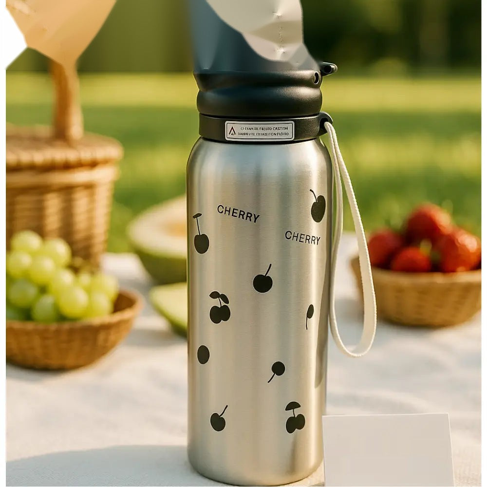 Premium Cherry Pattern Stainless Steel Vacuum Bottle – 620ml