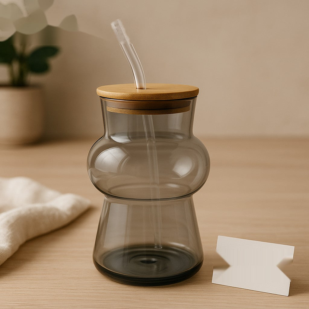 Premium Smoke Grey Glass Bottle with Bamboo Lid & Glass Straw – Stylish Reusable Drinkware