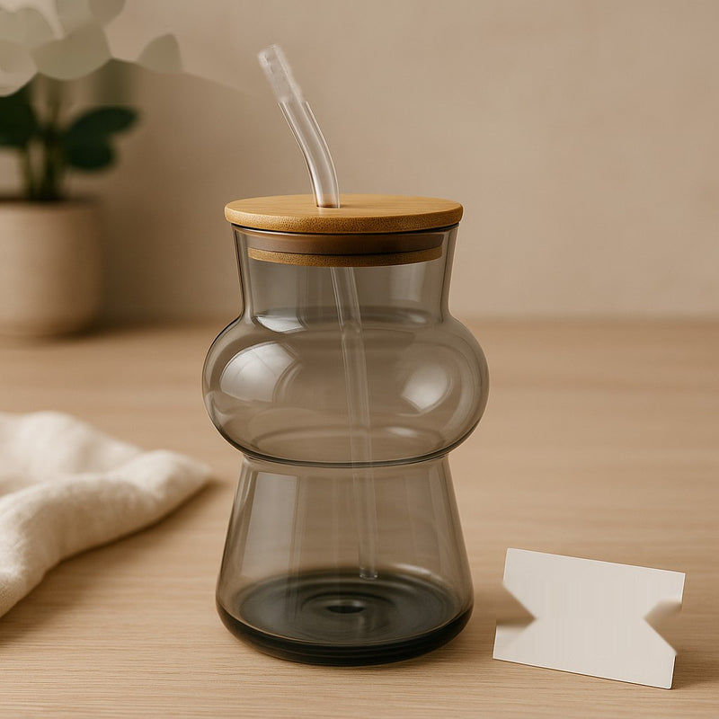 Premium Smoke Grey Glass Bottle with Bamboo Lid & Glass Straw – Stylish Reusable Drinkware