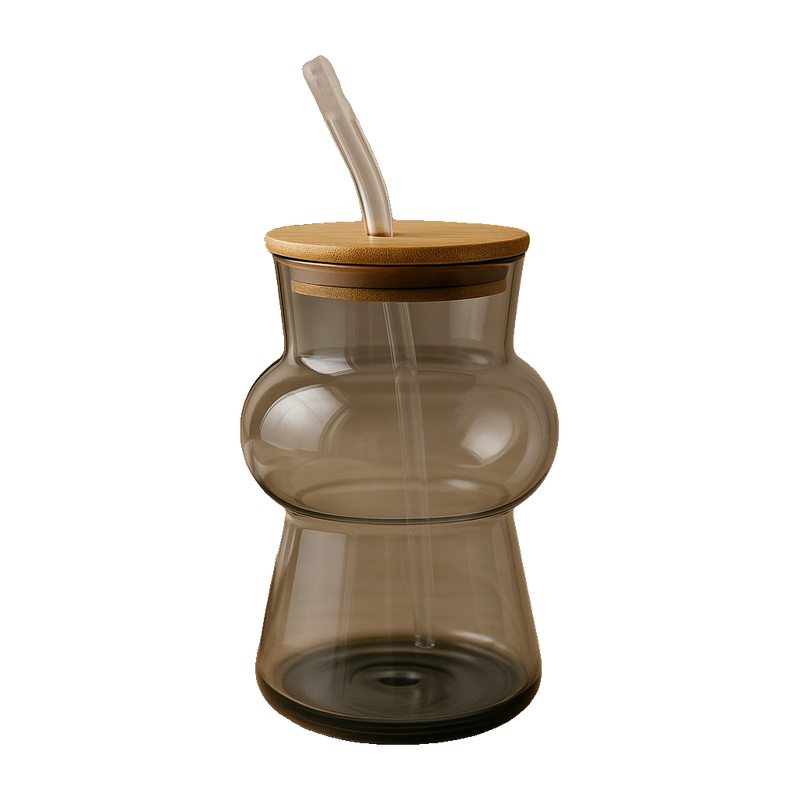 Premium Smoke Grey Glass Bottle with Bamboo Lid & Glass Straw – Stylish Reusable Drinkware