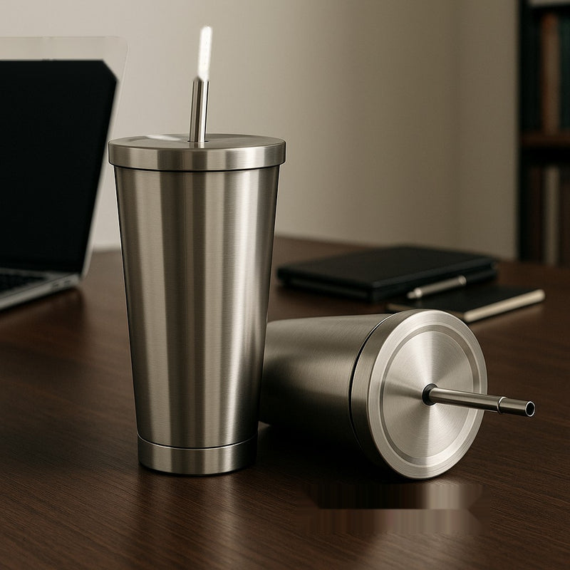Premium Stainless Steel Tumbler with Straw – Double Wall Insulated Cup