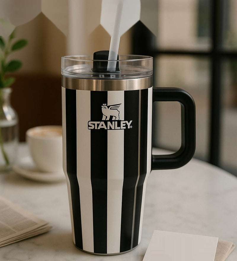 Stanley 20oz Black & White Striped Stainless Steel Tumbler with Straw