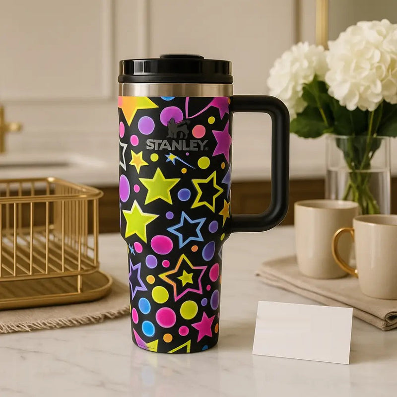 Stanley Neon Stars Insulated Travel Mug – Premium Stainless Steel Tumbler with Handle