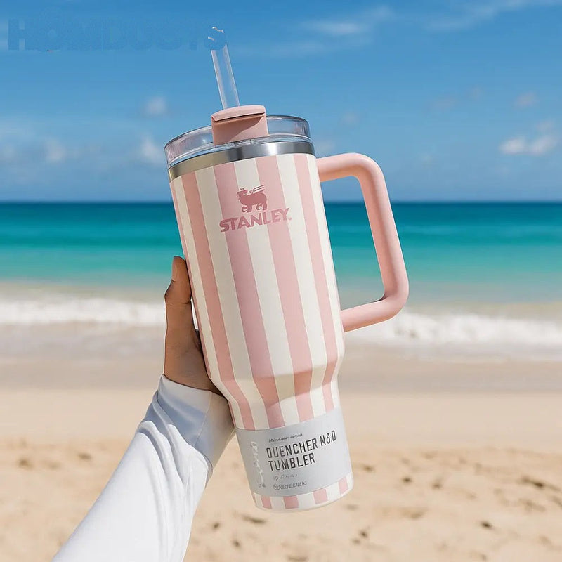 Stanley Quencher Tumbler with Handle – 40oz Striped Travel Mug with Straw & Lid for Iced Coffee, Water & More