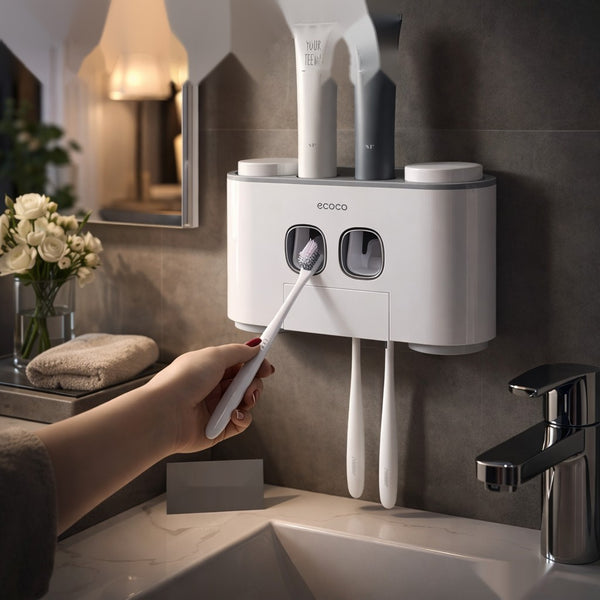 Wall Mounted Ecoco Toothpaste Dispenser and Toothbrush Holder – Automatic Bathroom Organizer Set