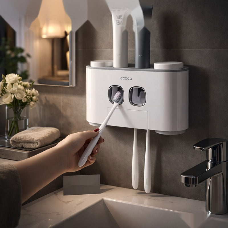 Wall Mounted Ecoco Toothpaste Dispenser and Toothbrush Holder – Automatic Bathroom Organizer Set