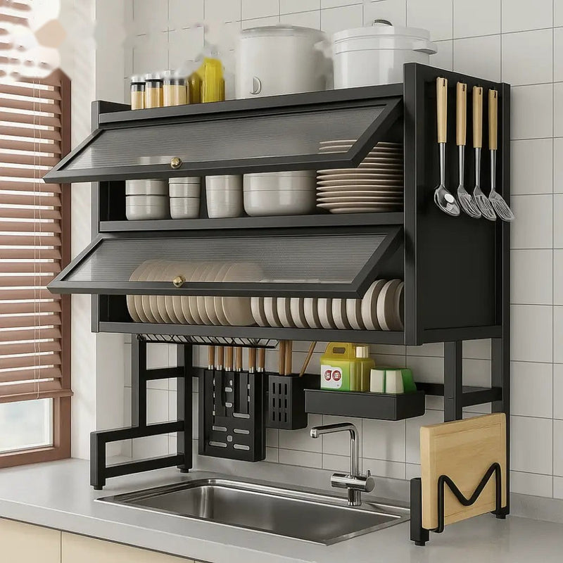Wall-Mounted Kitchen Dish Rack with Storage Shelf, Knife Holder, and Utensil Organizer - Over Sink Space Saver