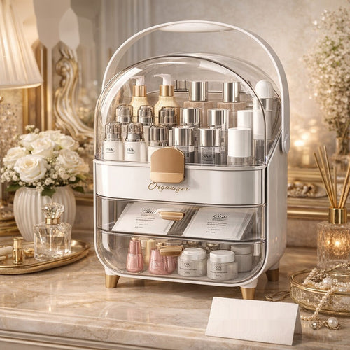 White-Gold Cosmetic Organizer with Dustproof Dome & Drawer Storage