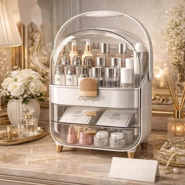 White-Gold Cosmetic Organizer with Dustproof Dome & Drawer Storage